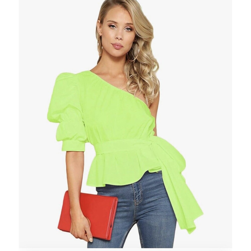 Vibrant Lime One-Shoulder Blouse